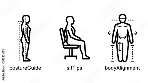 Ergonomic posture guide and body alignment icons with ergonomic alignment wellness workplace physical standing shoulders illustration professional practice prevention structure position