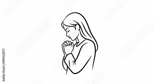 Minimalist illustration of a young woman with long hair, praying with clasped hands