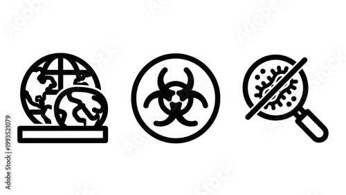 Global biohazard and viral research icons set with biohazard microbiology pandemic magnifying bacteria infection biological research laboratory outbreak microscope environmental clinical