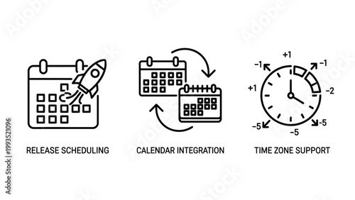 Project release scheduling and time zone management icons with scheduling calendar timezone integration management business planning deadline coordination strategy development timeline