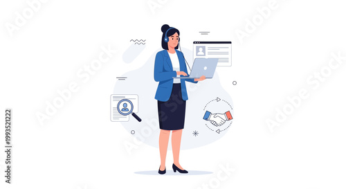 Businesswoman with headset and laptop, recruitment and HR concept, online job search