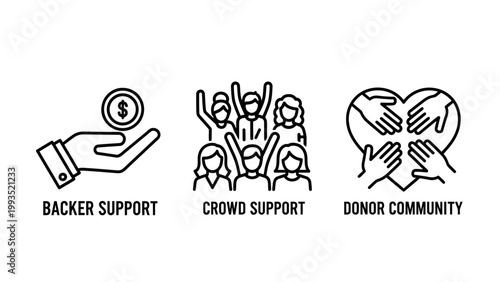 Crowdfunding backer support and charitable community donation icons with crowdfunding community donation fundraising contribution investment philanthropy solidarity partnership business
