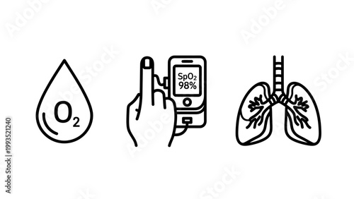 Medical oxygen saturation monitoring icons set with saturation oximeter breathing respiratory diagnostic measurement clinical analysis monitoring hospital wellness respiration equipment