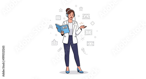 Businesswoman with headset and book, surrounded by business icons