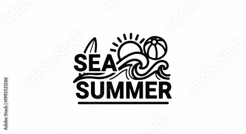 Simple black and white graphic design of sea, sun, and beach ball