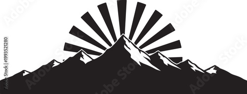 Black mountain range silhouette, sunrise behind peaks, vector landscape icon