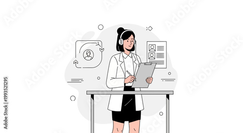 Businesswoman with headphones and clipboard, analyzing data and workflow
