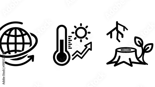 Environmental impact and climate change concept outline icons set with environment temperature deforestation thermometer conservation pollution sustainability protection environmental
