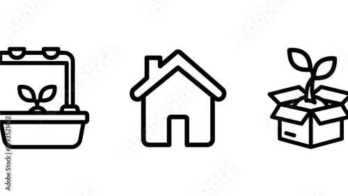Indoor gardening home and plant in box icons set with gardening seedling cultivation environment sustainable residence planting agriculture botanical container development illustration