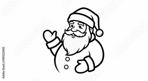 Friendly black and white illustration of Santa Claus waving