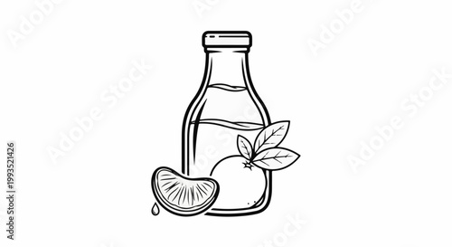 Refreshing citrus juice in a bottle with fruit slice and leaves