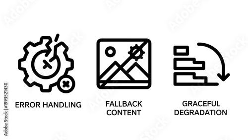 Set of software development and UI UX icons featuring error handling fallback content graceful degradation software development programming handling fallback graceful degradation interface