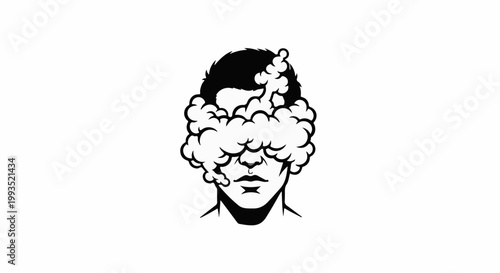 Face obscured by smoke, black and white graphic illustration