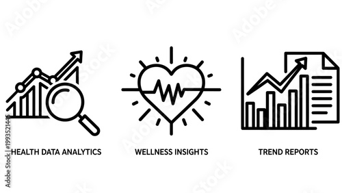 Health data analytics and wellness insights icons set with analytics wellness insights magnifying research statistics analysis information monitoring tracking business financial technology