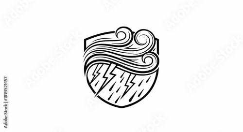 Emblem of a shield with stylized wind, lightning, and rain inside