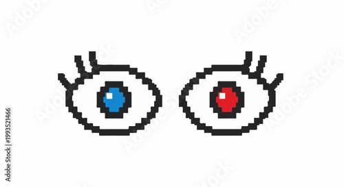 Pixelated eyes, one blue, one red, staring forward