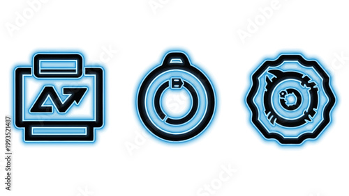 Technical process and digital transformation neon icons with technology transformation automation workflow innovation technical engineering mechanical industry industrial interface software