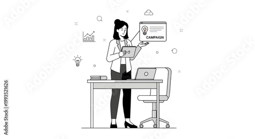 Businesswoman presenting campaign idea with digital tablet and laptop in office