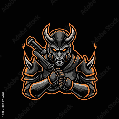 Fierce Horned Demon Warrior in Dark Armor with Weapon.
