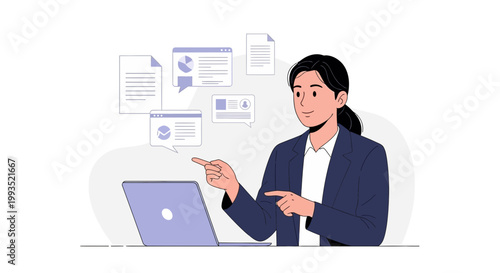 Businesswoman pointing at laptop screen, presenting data and documents, online meeting concept