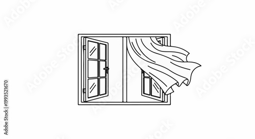 Open window with billowing curtains on a breezy day