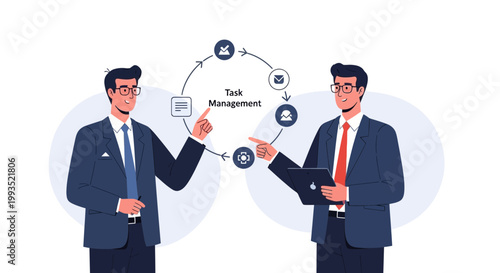 Businessmen discussing task management process with workflow diagram