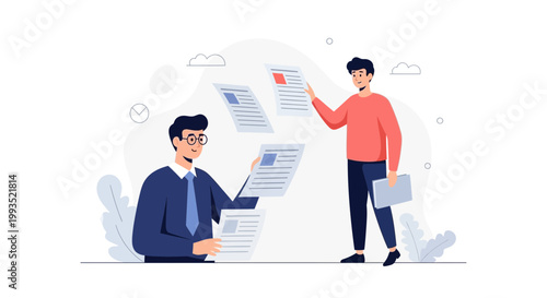 Businessmen reviewing documents, workflow, data analysis, teamwork, office concept