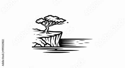 Lone tree atop a cliff overlooking a serene water body