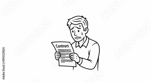 Man sweating profusely as he reads a document labeled contract