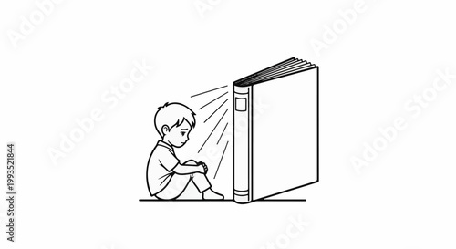 A young, somber child sits near a large, open book emitting light