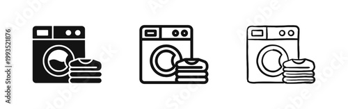 Washing Machine and Folded Laundry Icon Set in Solid Outline and Hand Drawn Styles