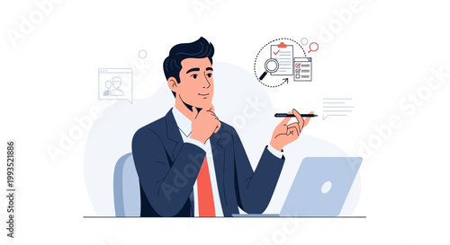 Businessman thinking about business strategy, planning, and analysis at his desk with laptop