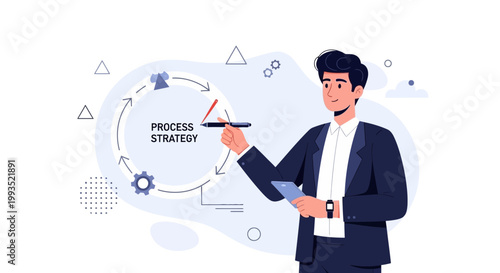 Businessman presenting process strategy with circular diagram and icons
