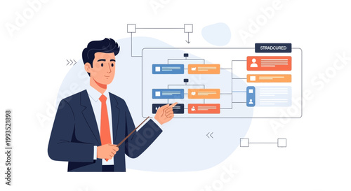 Businessman presenting organizational chart with flowchart and structured data