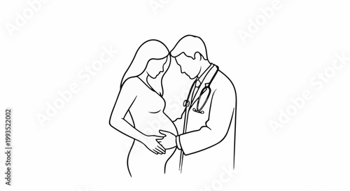 Doctor gently touches pregnant woman's belly, showing care and support