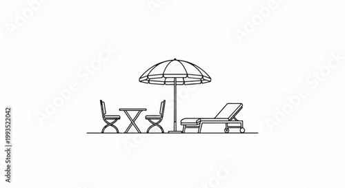 Patio furniture with umbrella, table, chairs, and lounger