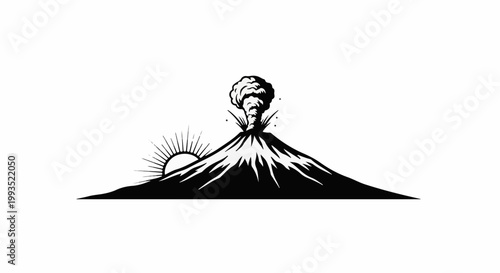 Stylized erupting volcano with sun rays on the left