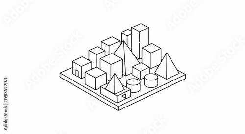 Geometric 3D shapes arranged to resemble an abstract urban landscape