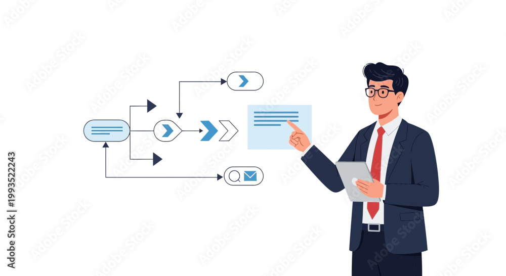 Fototapeta premium Businessman pointing at flowchart, process diagram, workflow and data management concept