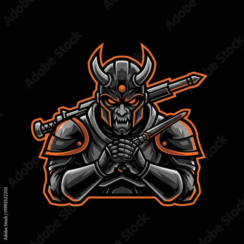 Fierce horned warrior in armor with sword and dagger.