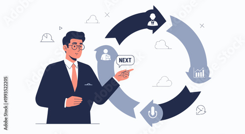 Businessman pointing to a circular workflow diagram with icons representing business processes.