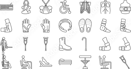 Medical Orthopedic and Disability Equipment Outline Icon Set Vector with Wheelchair Crutch and Brace Symbols