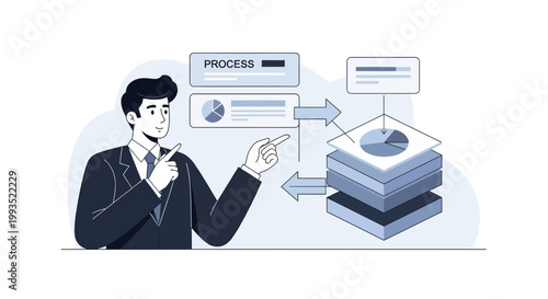 Businessman pointing to process flow and data layers, business analysis and strategy concept