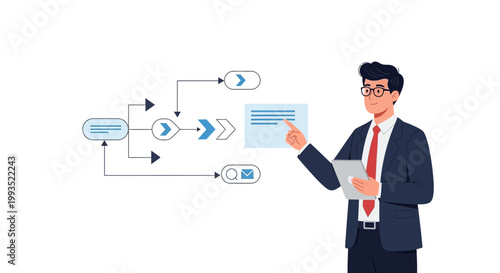 Businessman pointing at flowchart, process diagram, workflow and data management concept