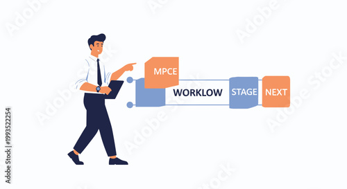 Businessman pointing at workflow stages: MPCE, Workflow, Stage, Next