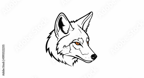 Stylized black and white coyote head with piercing orange eyes