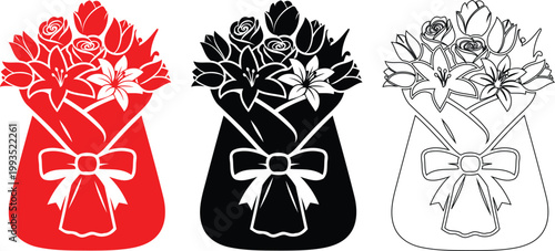 Floral bouquets in three styles color silhouette and grayscale