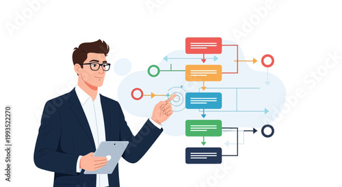 Businessman pointing at flowchart, business process, strategy, planning, presentation