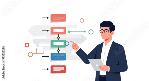 Businessman pointing at flowchart, planning business strategy with digital tablet