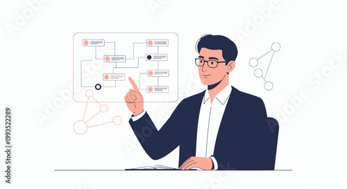 Businessman pointing at flowchart on screen, business strategy and planning concept